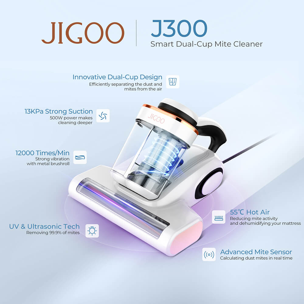 JIGOO J300 Dual-Cup Mite Vacuum Cleaner for Mattresses with 13KPa Suction, Dust Mite Sensor, Metal Brushroll, 55℃ Hot Air