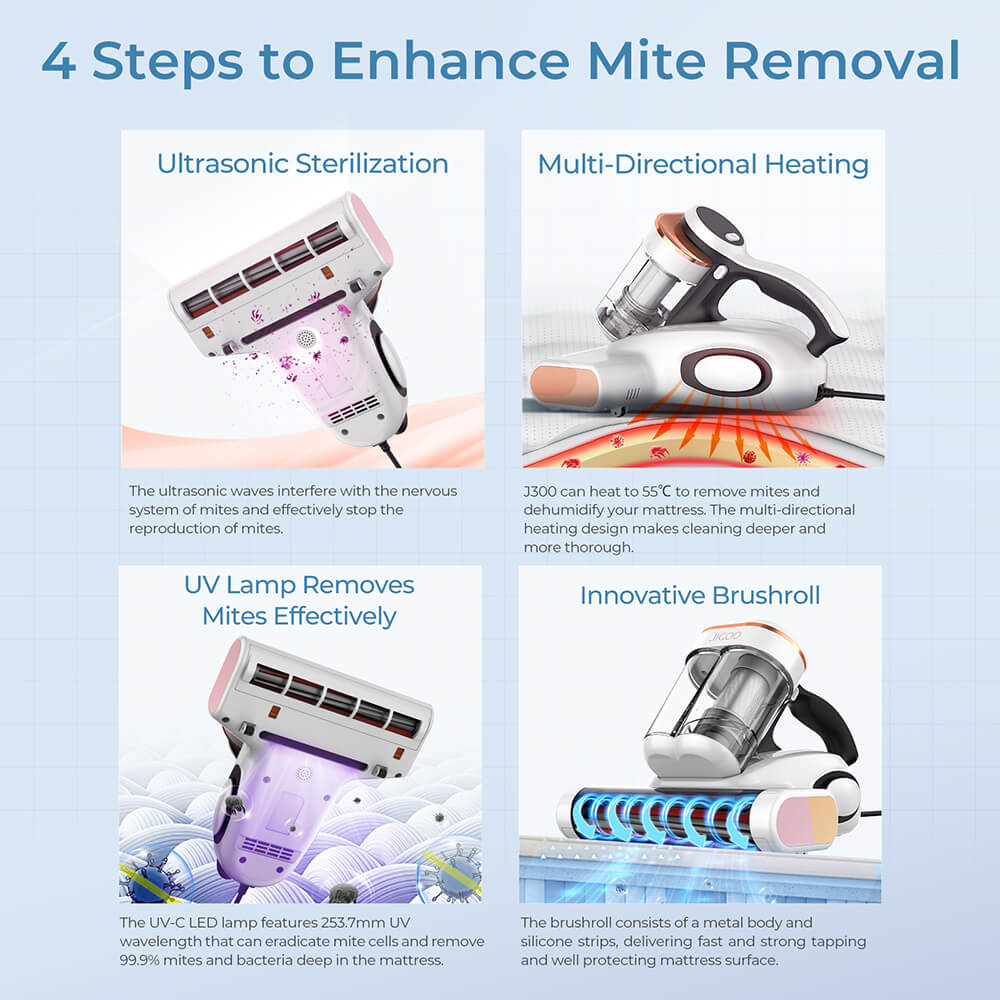 JIGOO J300 Milbensauger für matratzen mit zwei Behälter, 13 kPa Saugkraft, Staubmilbensensor, Metallbürstenrolle