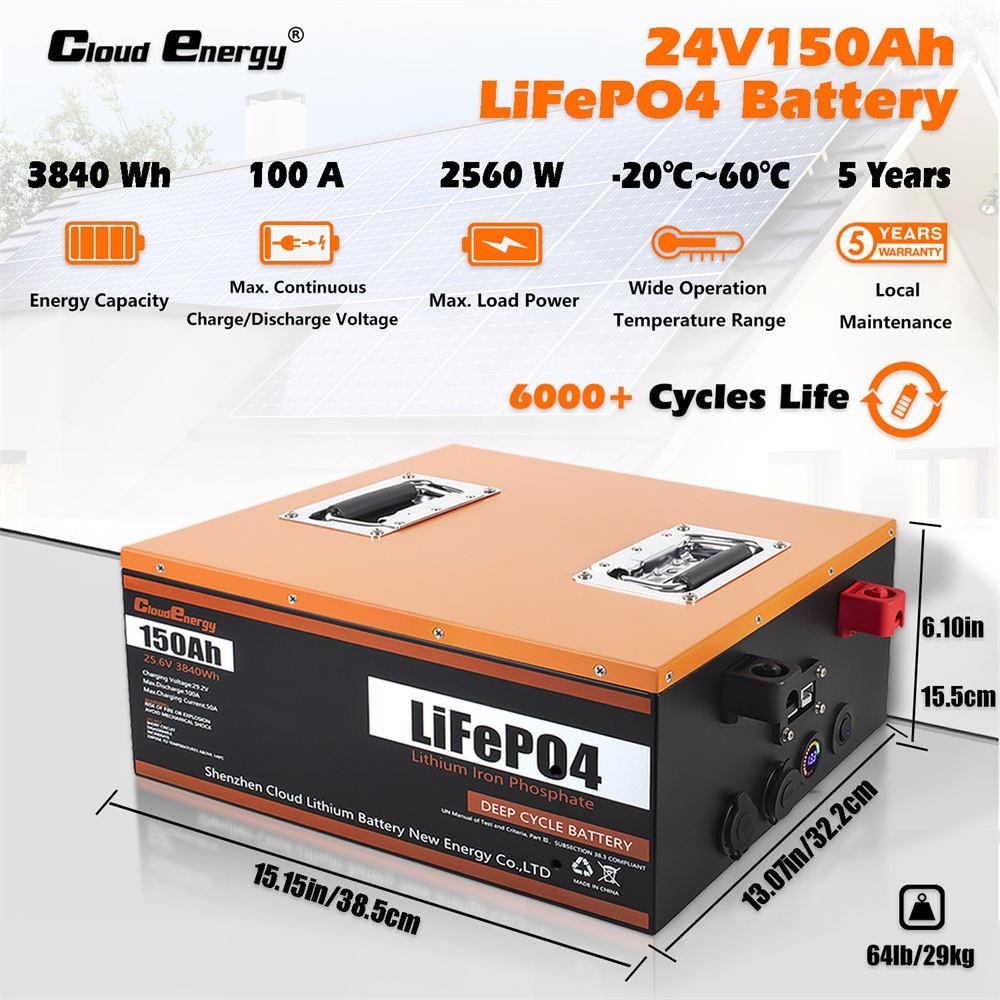Cloudenergy 24V 150Ah LiFePO4 Akku, 3840Wh, 6000 Zyklen