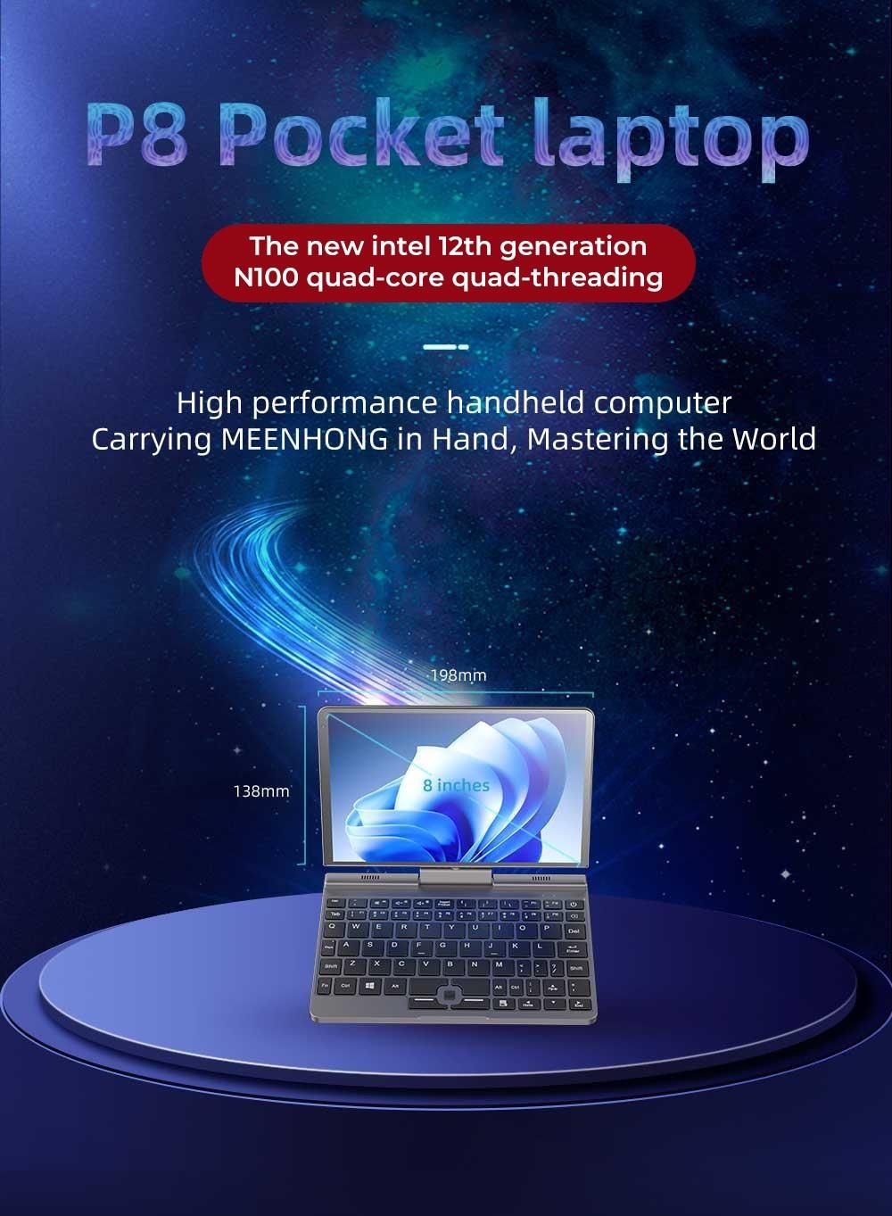 Meenhong P8 2 in 1 Laptop 8in Intel 12th Alder Lake N100 Quad Core up to 3.4GHz, 12GB LPDDR5 256GB SSD, Windows 11 Pro