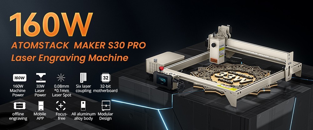 ATOMSTACK Maker S30 Pro Laser Engraver Cutter, 33W Laser Power, Air Assist, 0.01mm Engraving Accuracy, Offline Engraving