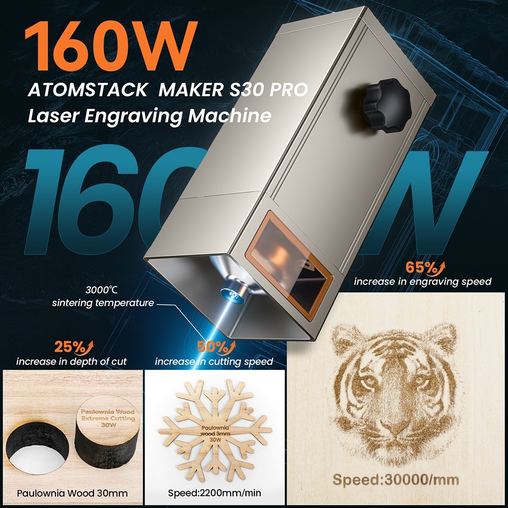 ATOMSTACK Maker S30 Pro Laser Engraver Cutter, 33W Laser Power, Air Assist, 0.01mm Engraving Accuracy, Offline Engraving