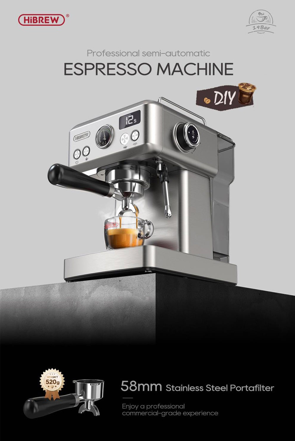 HiBREW H10A Halbautomatische Espressomaschine, 19 Bar Druck, Milchaufschäumer - Silber