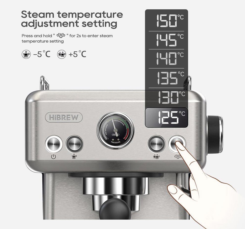 HiBREW H10A Coffee Machine, 19Bar Extraction Pressure, Adjustable Temperature & Cup Volume, 58mm Portafilter - Silver