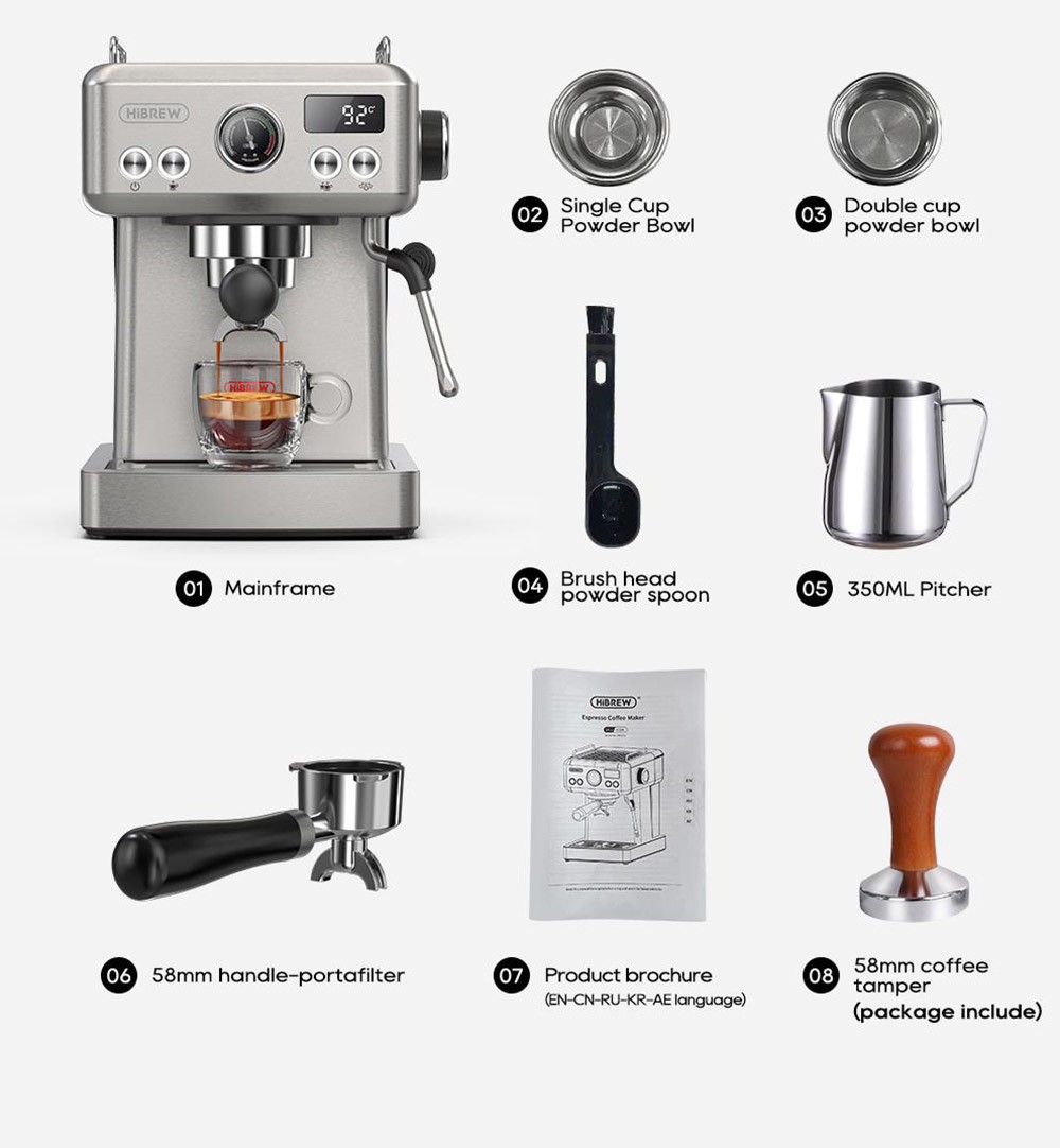 HiBREW H10A Coffee Machine, 19Bar Extraction Pressure, Adjustable Temperature & Cup Volume, 58mm Portafilter - Silver