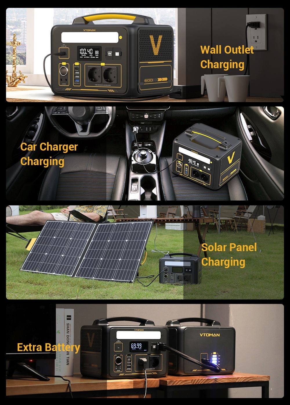 VTOMAN Jump 600 Portable Power Station, 640Wh LiFePO4 Batterie Solar Generator, 600W Pure Sine Wave AC Outlets, 9 Ports