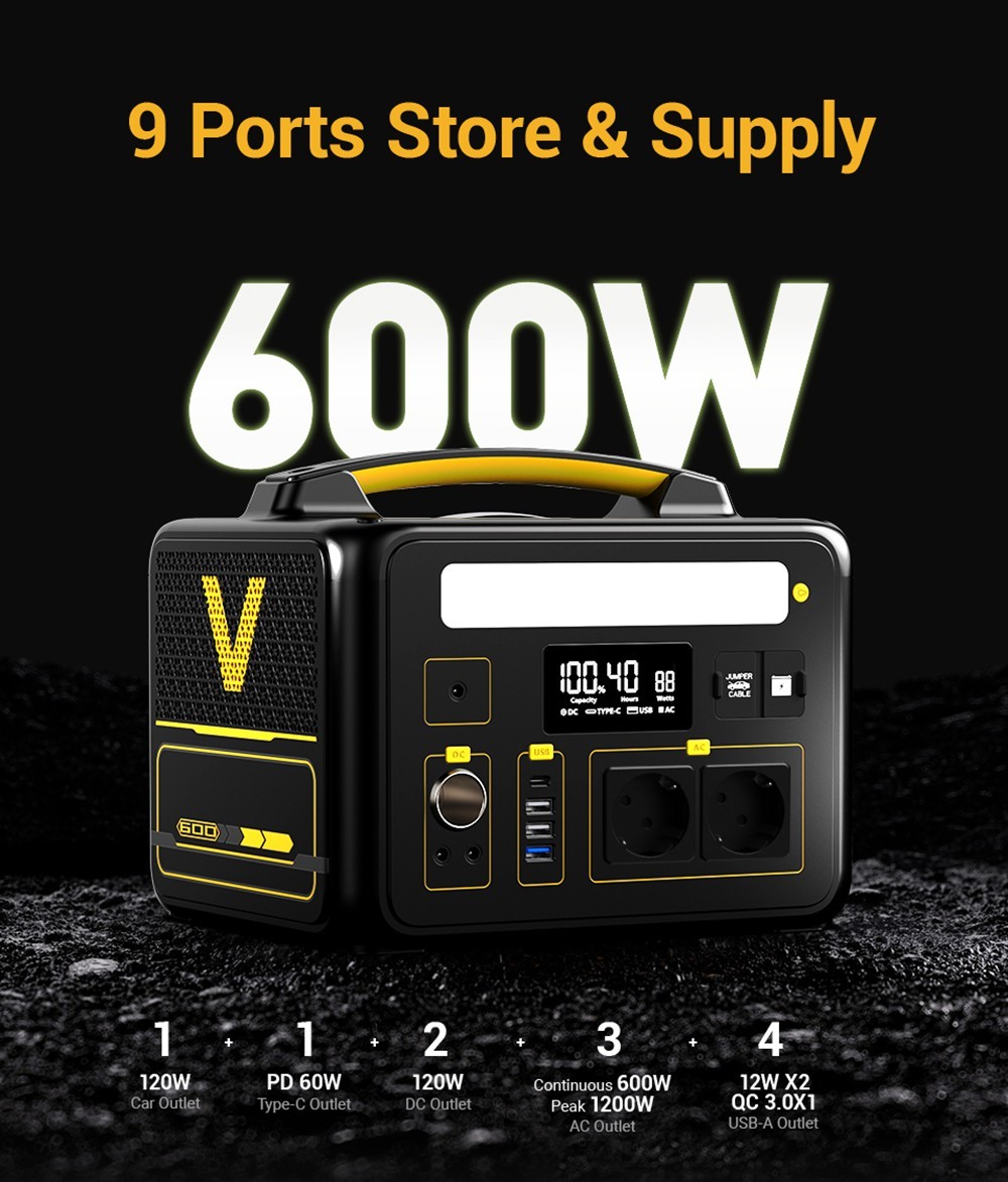 VTOMAN Jump 600 Portable Power Station, 640Wh LiFePO4 Batterie Solar Generator, 600W Pure Sine Wave AC Outlets, 9 Ports