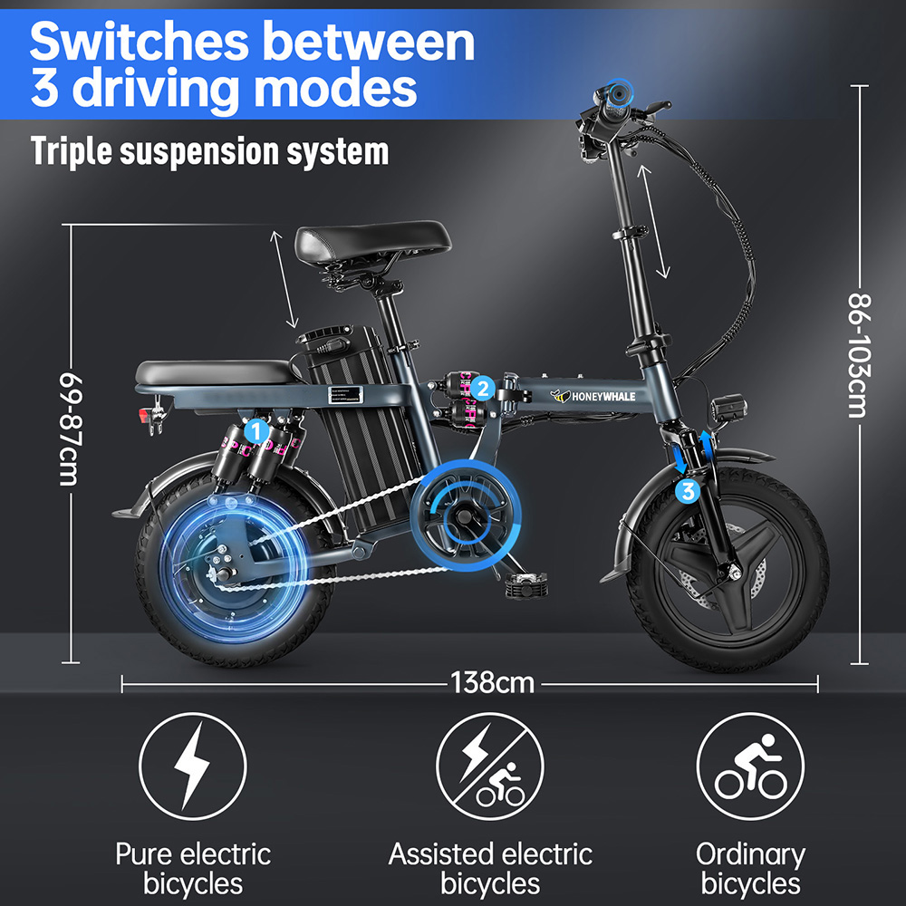 Mini Foldable City E-bike HONEYWHALE S6 Pro-S, 250W 48V 15AH(720Wh) 45-55km 35km/h 28N.m 14in Tire Tri-Suspension - Gray