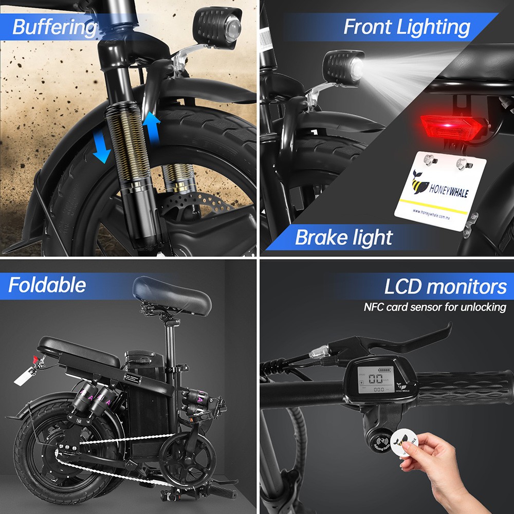 Mini Foldable City E-bike HONEYWHALE S6 Pro-S, 250W 48V 15AH(720Wh) 45-55km 35km/h 28N.m 14in Tire Tri-Suspension - Gray