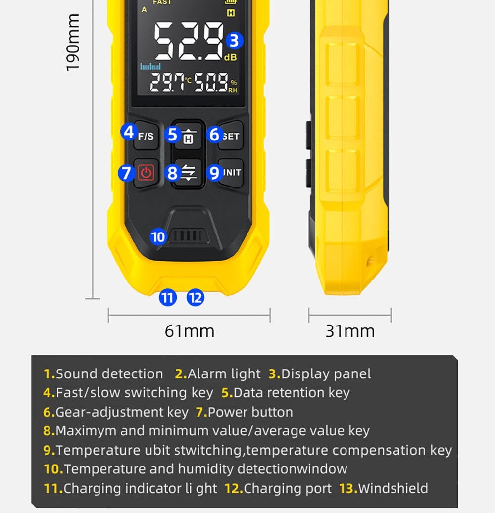 FNIRSI FDM01 Digitaler Lärm-Dezibel-Messer, Handmessgerät für Schallpegel, Messbereich 30-130 dB