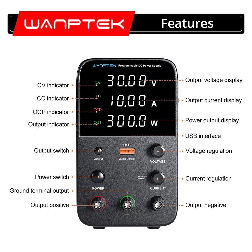 Wanptek WPS3010 Programmable Regulated DC Power Supply, 30V10A, Encoder Adjustment, USB Fast Charge