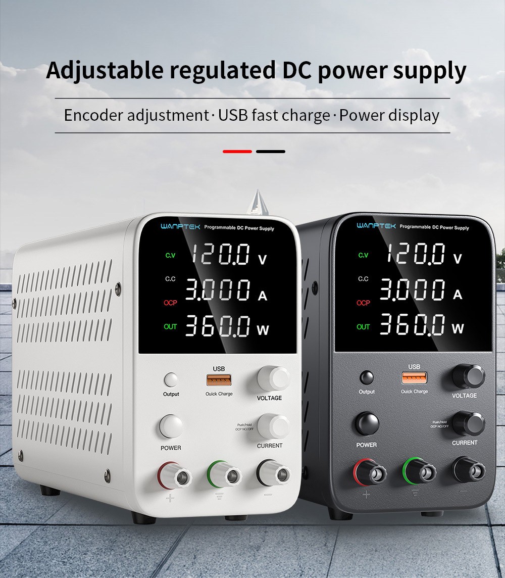 WANPTEK WPS1203 Programmable Regulated DC Power Supply, 120V 3A, Encoder Adjustment, USB Fast Charge - White