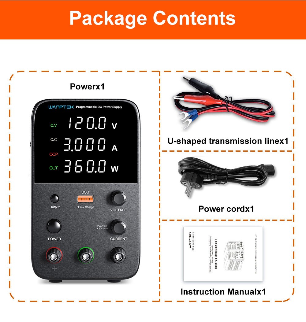 WANPTEK WPS1203 Programmierbare geregelte DC-Stromversorgung, 120V 3A, Encodereinstellung, USB-Schnellladung - Schwarz