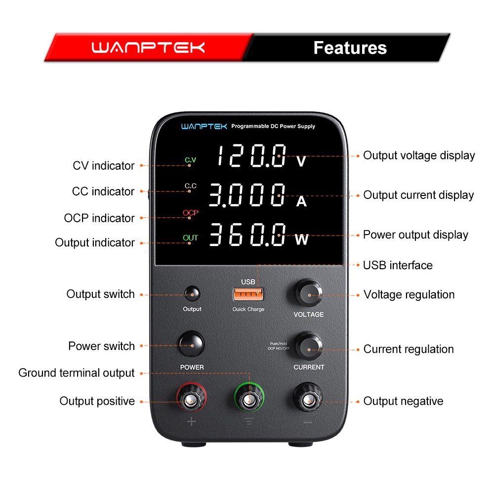 WANPTEK WPS1203 Programmeerbare Gereguleerde DC-voeding, 120V 3A, Encoder aanpassing, USB snel opladen - Zwart