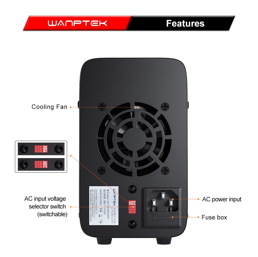 WANPTEK WPS1203 Programmable Regulated DC Power Supply, 120V 3A, Encoder Adjustment, USB Fast Charge - Black