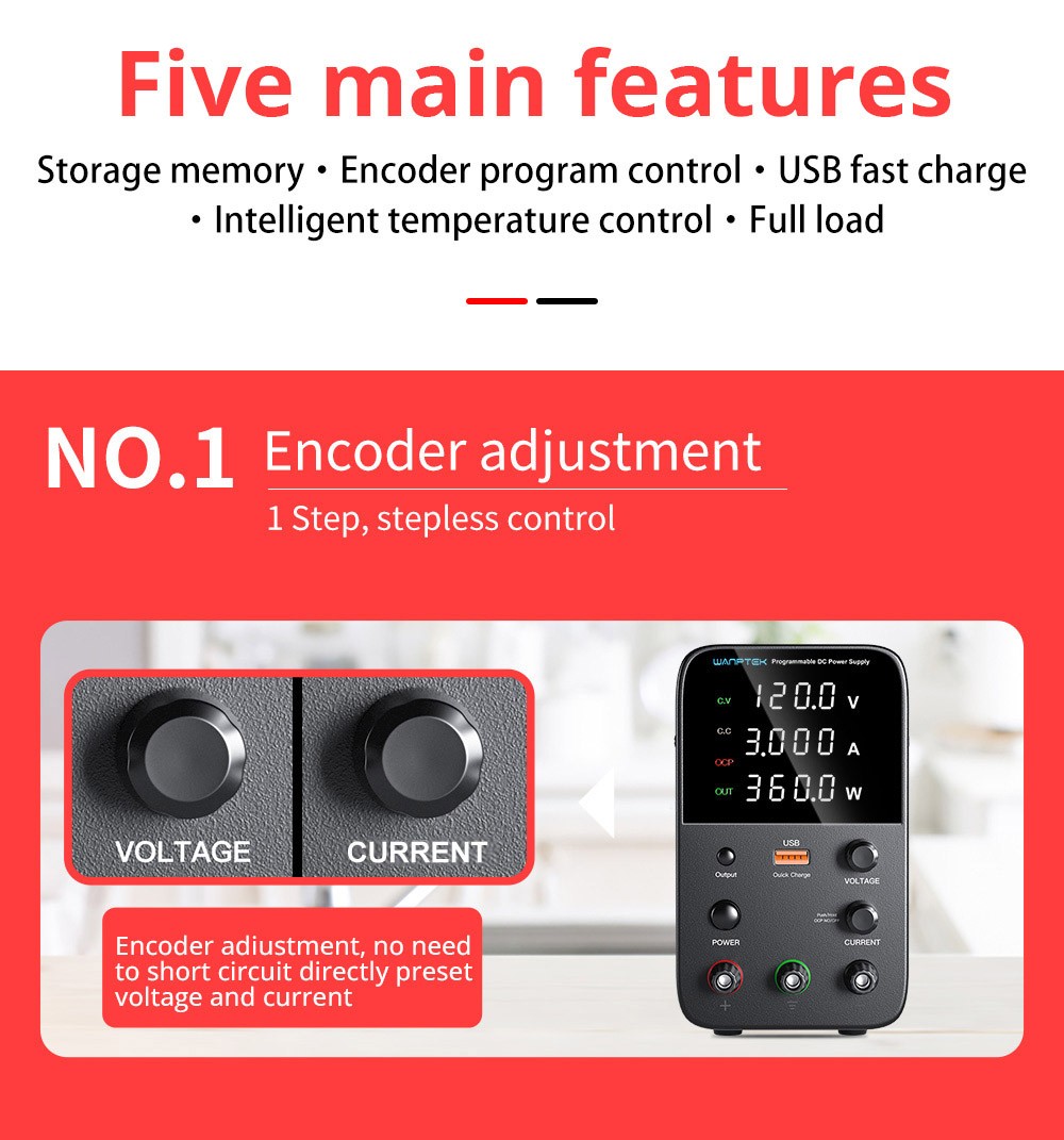 WANPTEK WPS1203 Programmeerbare Gereguleerde DC-voeding, 120V 3A, Encoder aanpassing, USB snel opladen - Zwart