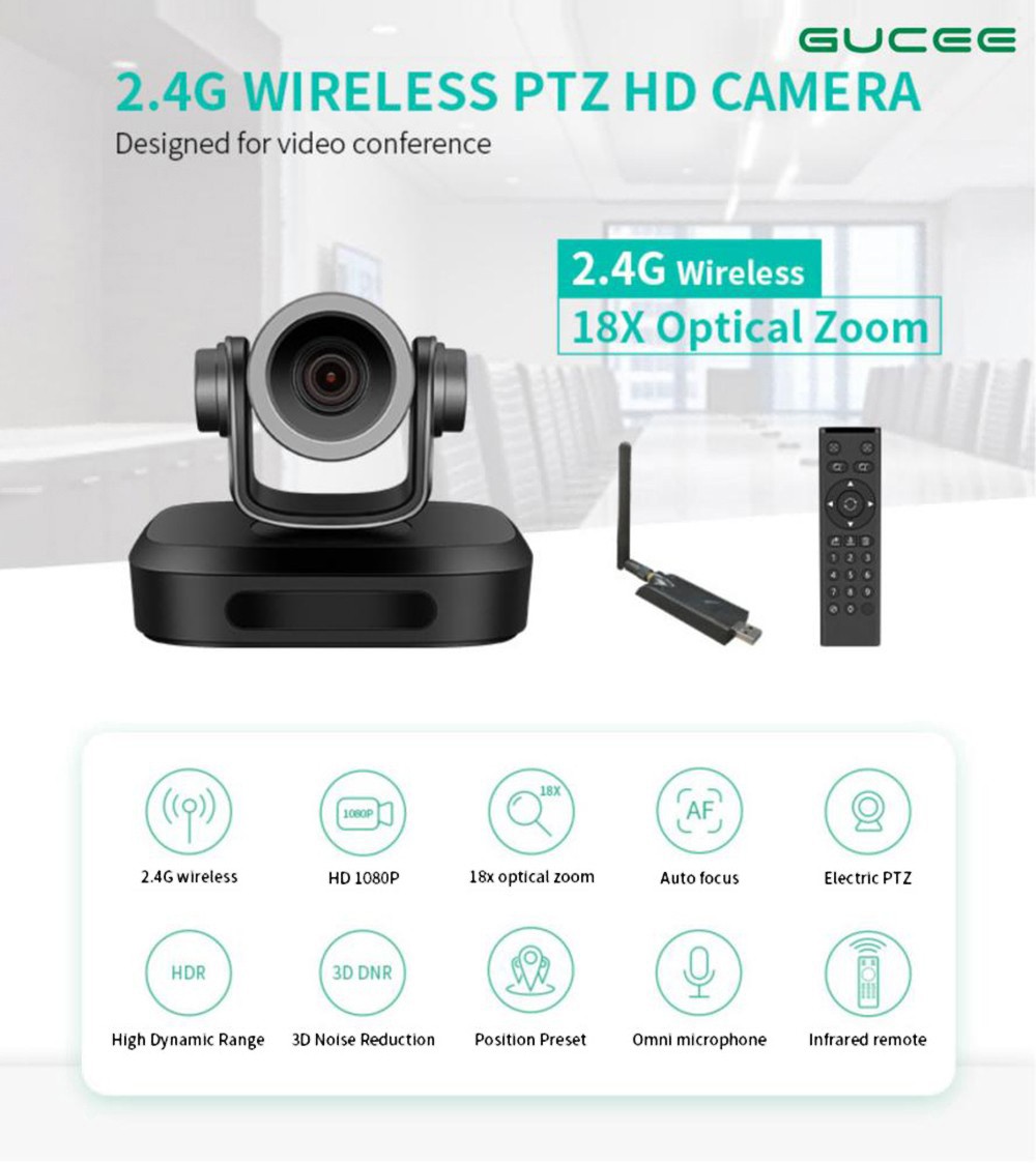 GUCEE G07-18X 2.4G Wireless Video Conference PTZ Camera, 18X Optical Zoom, 1920*1080 Resolution, Auto Focus - EU Plug