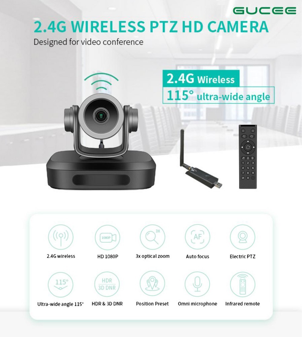 GUCEE G07-3X 2.4G Wireless Video Conference PTZ Kamera, 3X optischer Zoom, 1920*1080 Auflösung, Autofokus - EU Stecker