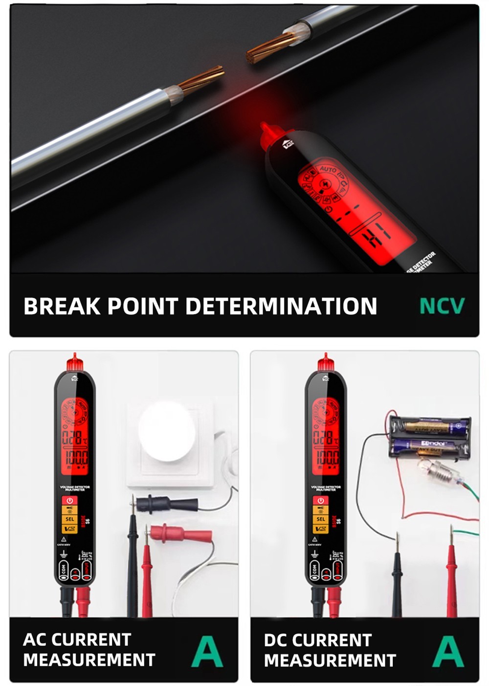 BSIDE S6 Spannungsprüfer Multimeter Spannungsprüfer Stift AC/DC Spannungsprüfer - Schwarz