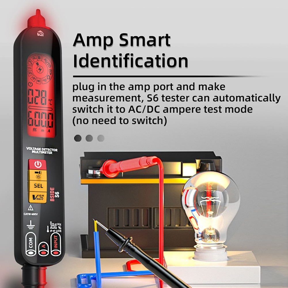 BSIDE S6 Voltage Detector Multimeter Voltage Detector Pen AC/DC Voltage Tester - Black