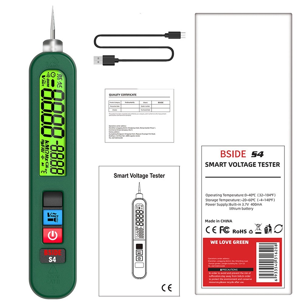 BSIDE S4 Smart Voltage Tester, 12-300V Auto-Bereich, berührungslos, Zero/Live Wire Detection, LED-Taschenlampe, LCD-Display