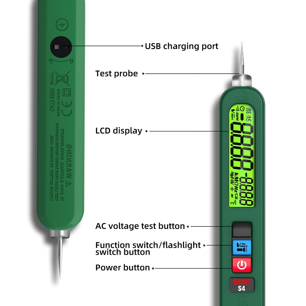 BSIDE S4 Slimme Spanningstester, 12-300V Auto Bereik, Contactloos, Nul/Leef Draad Detectie, LED Zaklamp, LCD Display