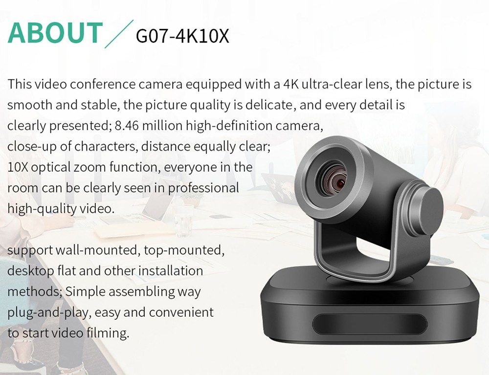 GUCEE G07-4K10X Webcam, 4K HD, 10x optischer Zoom, Autofokus, integriertes Mikrofon - Schwarz