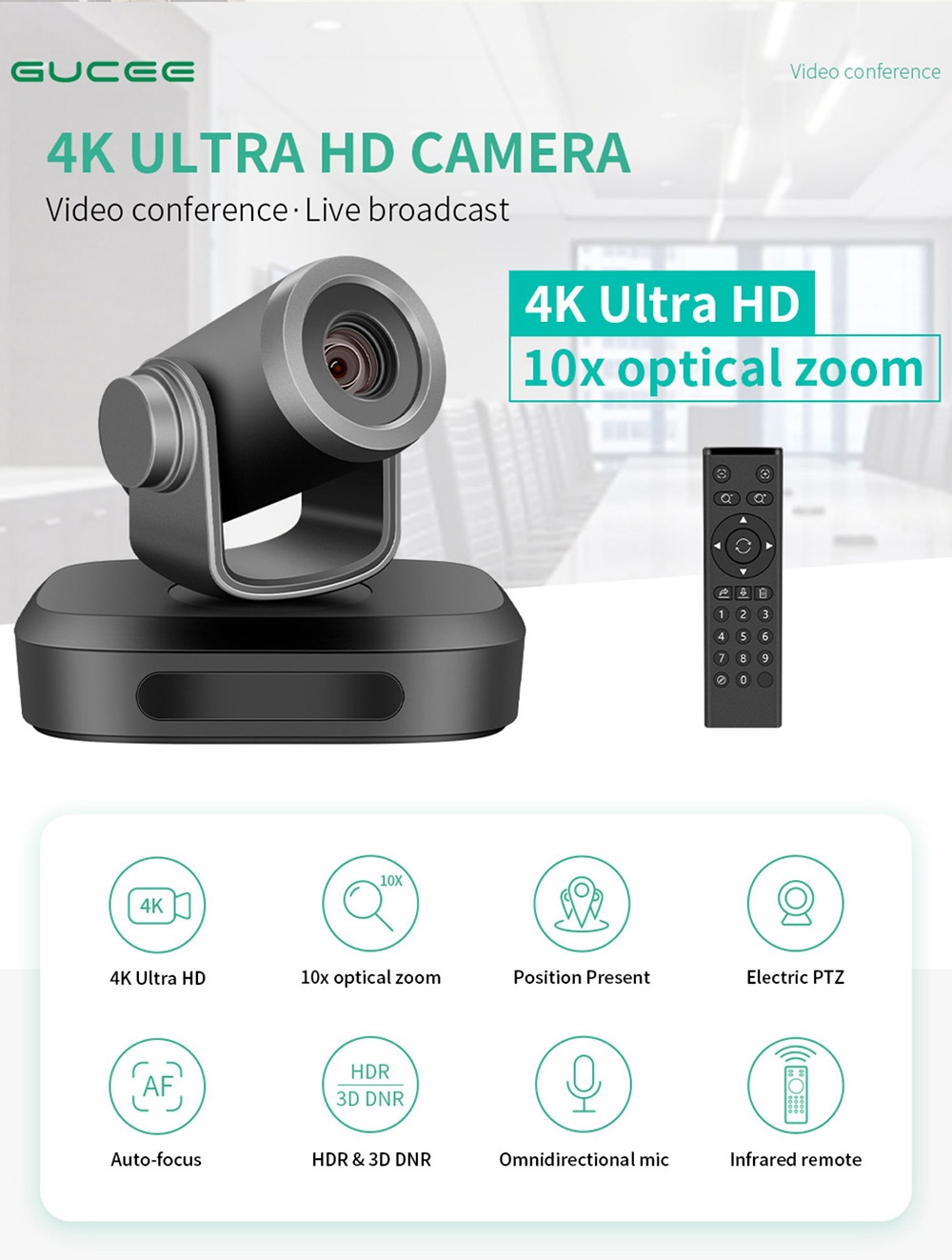 GUCEE G07-4K10X Webcam, 4K HD, 10x optischer Zoom, Autofokus, integriertes Mikrofon - Schwarz