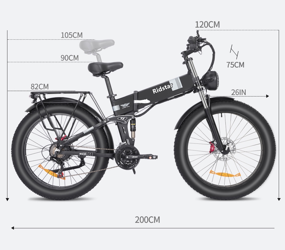 Ridstar H26 Pro Elektrische Fiets, 26*4.0 inch dikke banden, 1000W Motor, 48V/20Ah Batterij, 36mph Max Snelheid