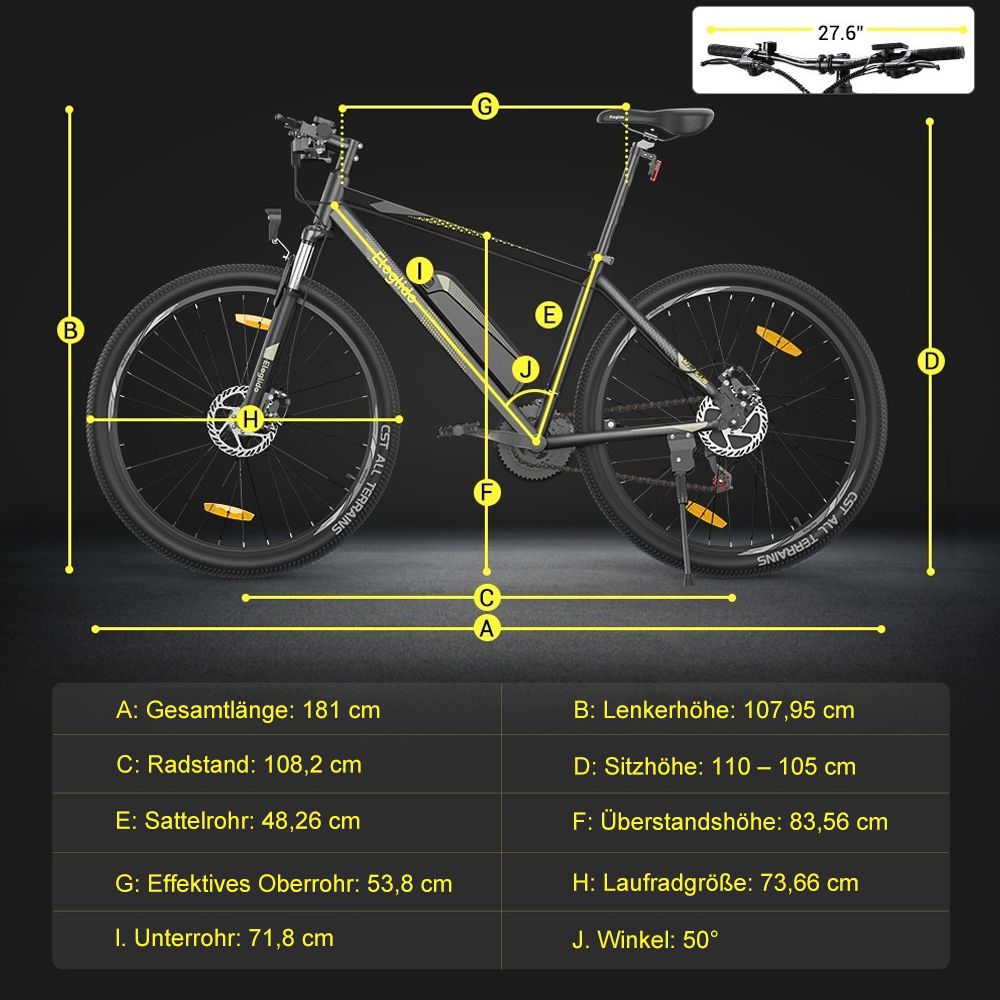 Elektro-Mountainbike  M1 PLUS 29, 36V 12.5AH 100KM 250W 25KM/H, App-Steuerung, 21 Gänge 5 Geschwindigkeitsstufen