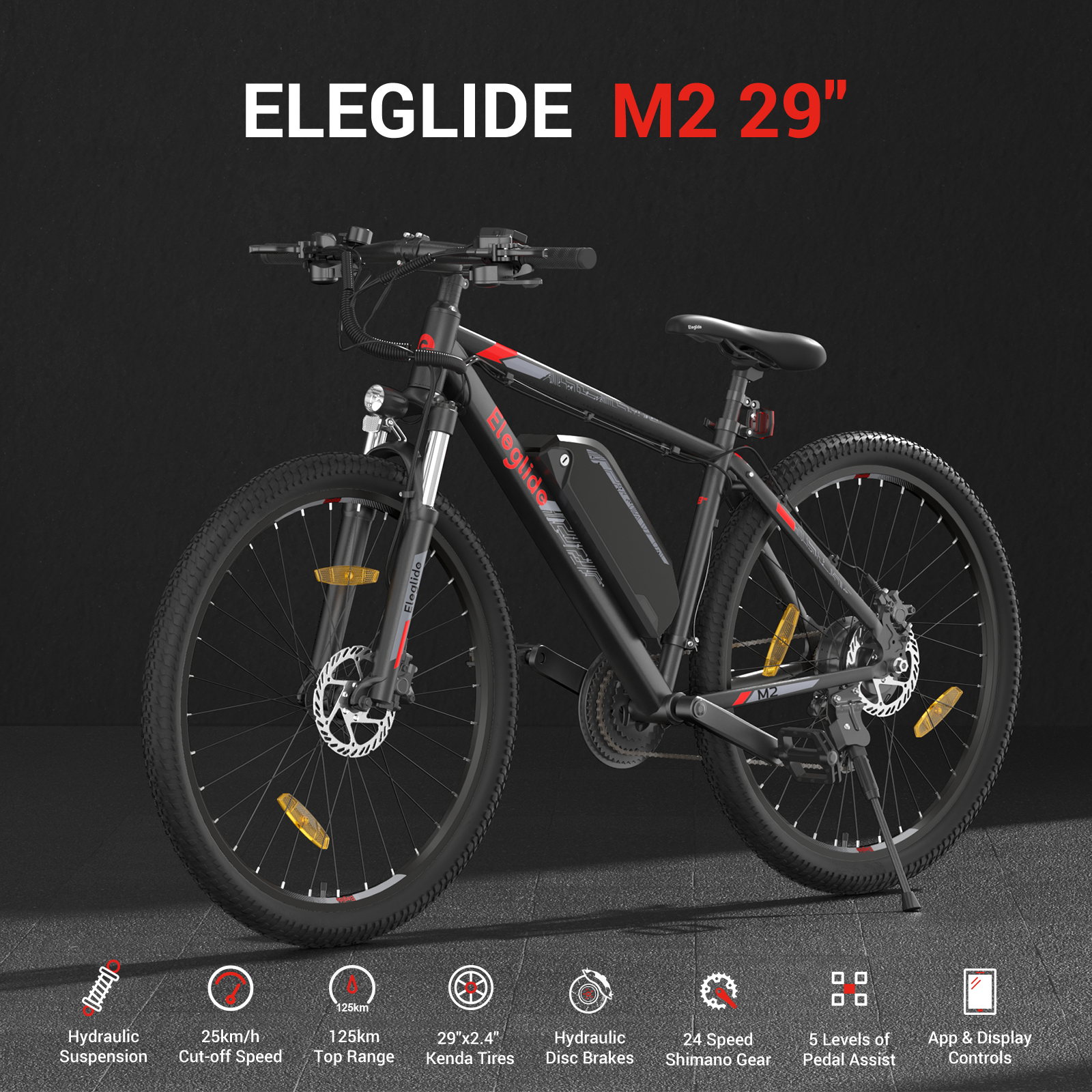 Electric Mountain Bike  M2 29, 36V 15Ah 125KM 25KM/H, App Control, 24 Speed Shimano Gear 5 Speed Levels, City E-bike