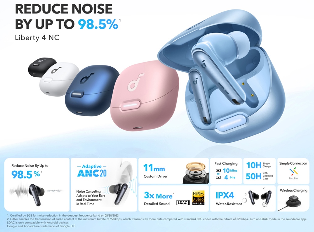 soundcore by Anker Liberty 4 NC Wireless Noise Cancelling Earbuds, 98.5%  Noise Reduction,Hi-Res Sound, 50H Battery 