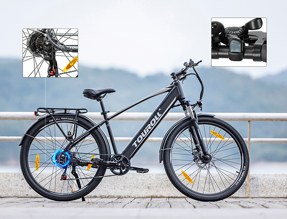 Trekking Elektrische Fiets Touroll J1 Step over, 250W Motor&15,6Ah Batterij, 25km/h,  27,5 inch Wielen,100km Bereik