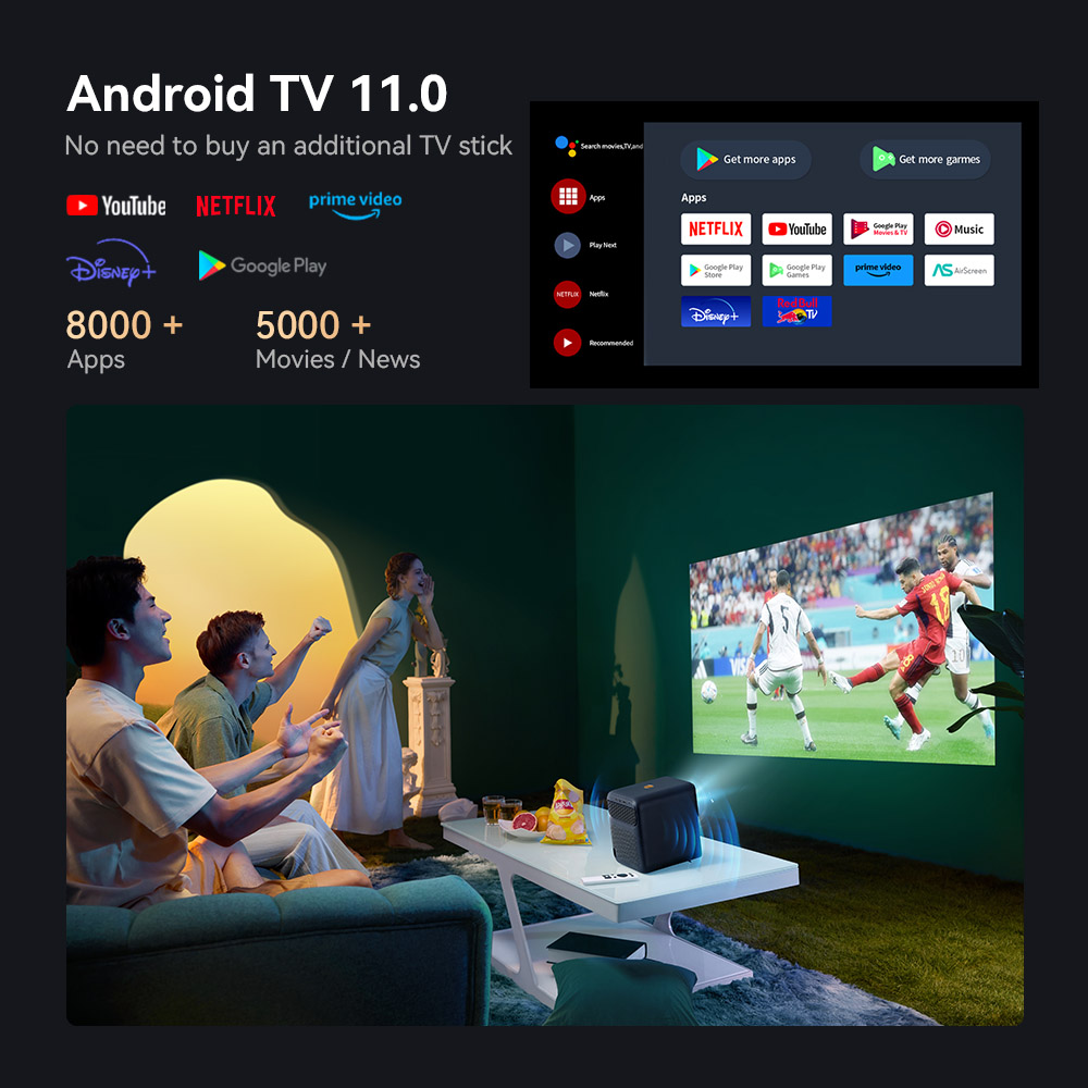 Wanbo Mozart 1 Pro LCD Projector, 900 ANSI, Native 1080P, Android TV 11, FULL HD Netflix, Auto Focus