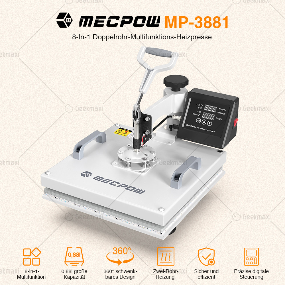 Mecpow MP3881 8 in 1 15*15 Heat Press Maschine, Dual-Rohr Heizung, präzise digitale Steuerung