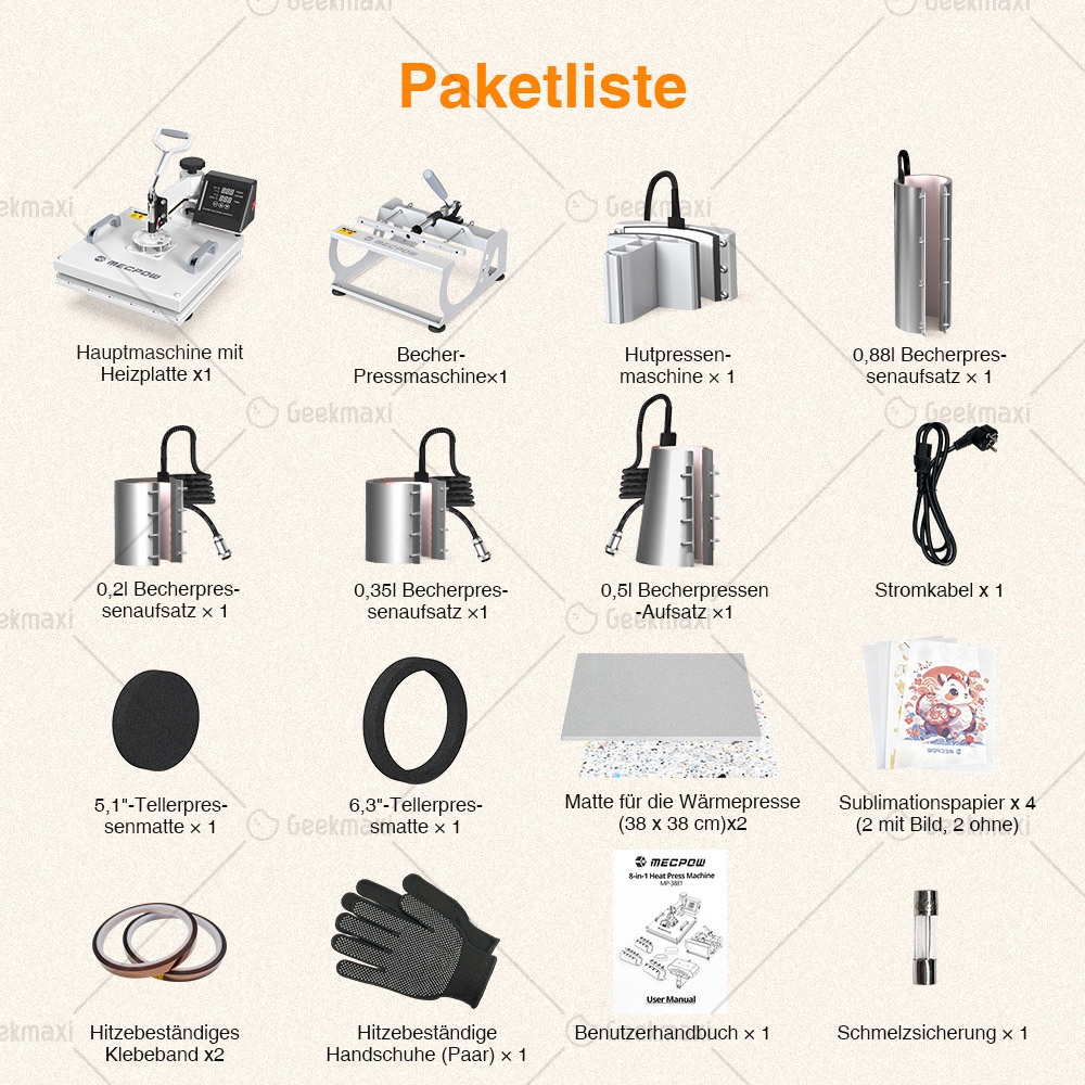 Mecpow MP3881 8 in 1 15*15 Heat Press Maschine, Dual-Rohr Heizung, präzise digitale Steuerung