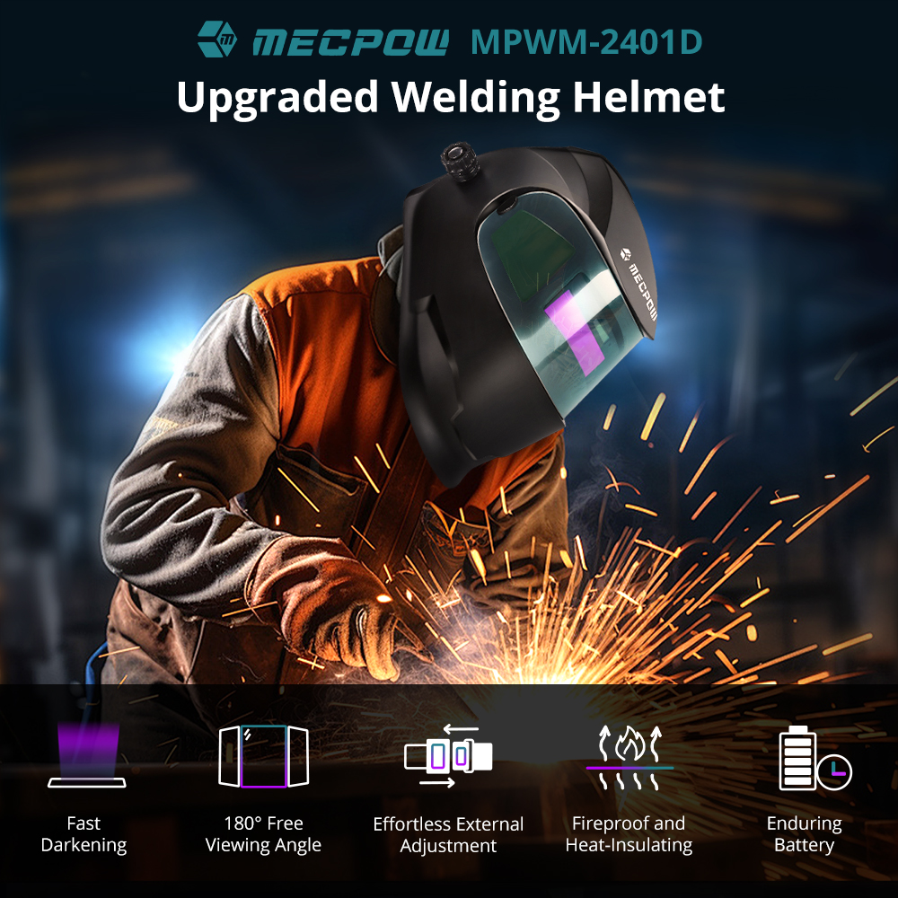 Mecpow MPWM-2401D Auto Darkening Welding Helmet with 180° Viewing Angle, Headgear Knobs - Black