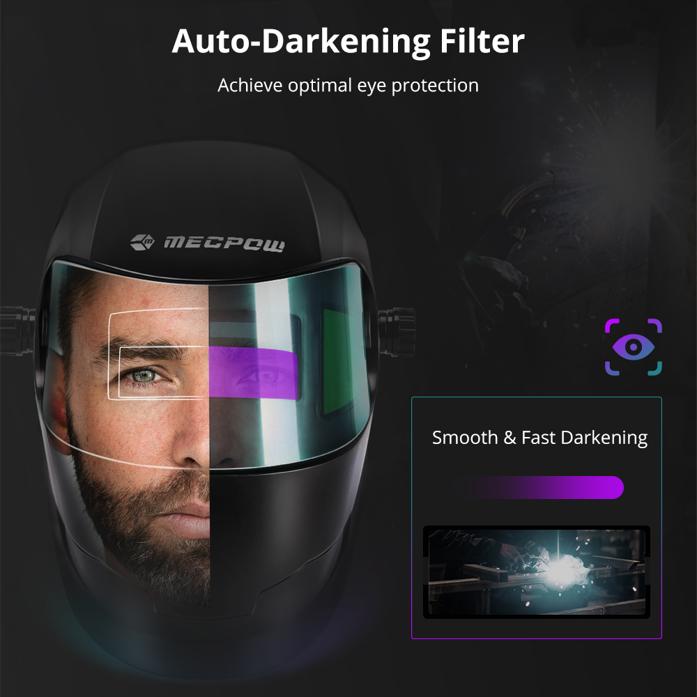 Mecpow MPWM-2401D Auto Darkening Welding Helmet with 180° Viewing Angle, Headgear Knobs - Black