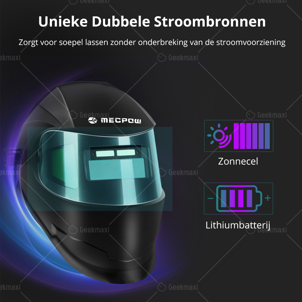 Mecpow MPWM-2401D Automatisch Verduisterende Lashelm met 180° Zichtveld, Hoofdbandknoppen - Zwart