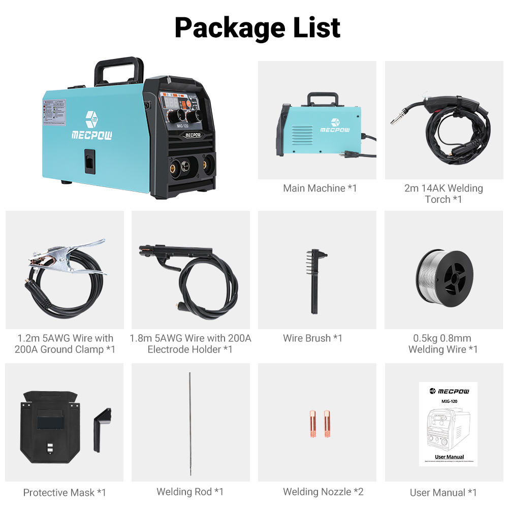 Mecpow Dual Voltage Gasless MIG-120 Welding Machine, Gasless MIG MMA Lift TIG 110V-220V 50/60Hz 120A