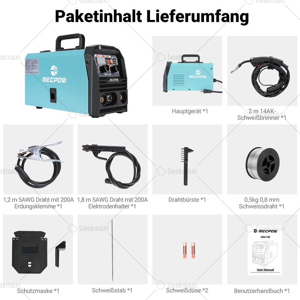 Mecpow Dual Voltage Gaslos MIG-120 Schweißgeräte, Gaslos MIG MMA Lift TIG 110V-220V 50/60Hz 120A