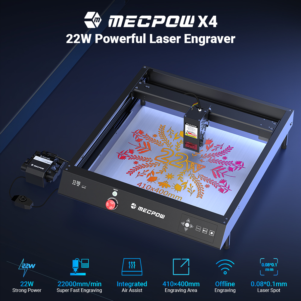 Mecpow X4 22W Laser Engraver with Integrated Air Assist, 400 x 410mm Engraving Area