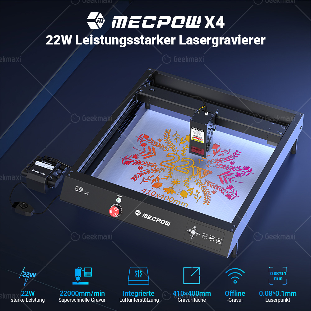 Mecpow X4 22W Lasergravierer mit integrierter Luftunterstützung, 400 x 410mm Gravurfläche