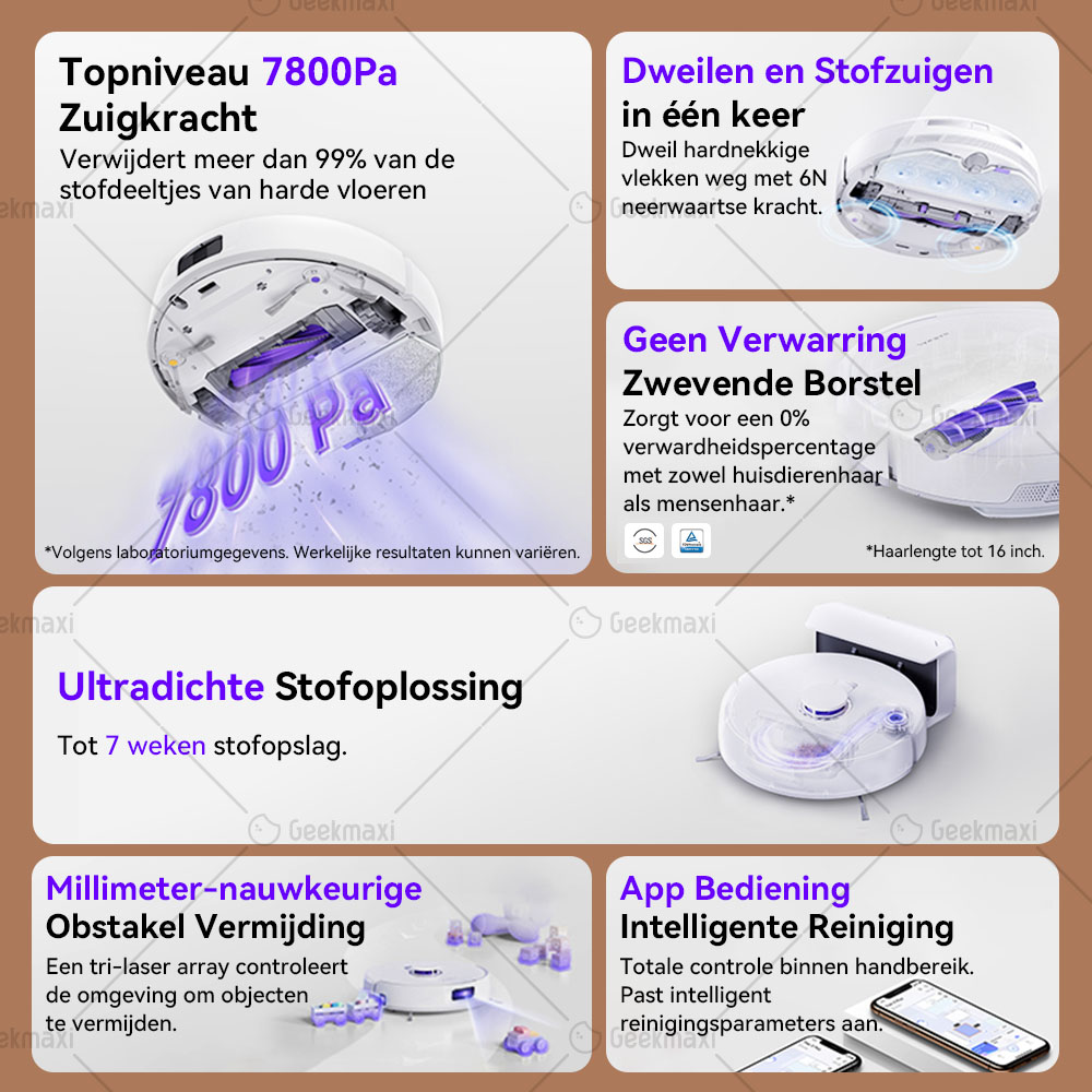 Narwal Freo X Plus Robot Stofzuiger, 7800Pa Zuigkracht, Tri-Laser gestructureerd licht, 0% haarklit, 71 dB laag geluidsniveau