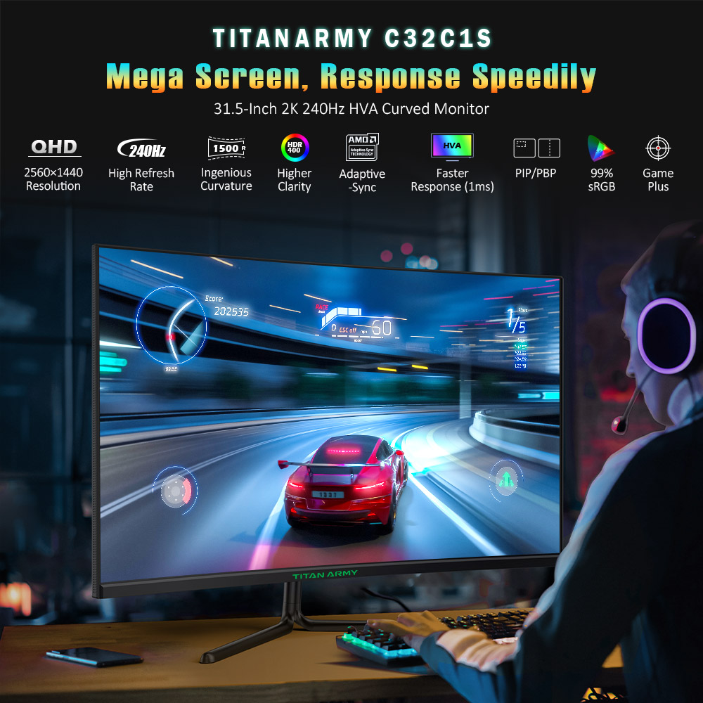 TITAN ARMY C32C1S 31.5 Inches Gaming Monitor, 2K Resolution, 240Hz Refresh Rate, 1500R Curvature, 1ms GTG Rapid Response