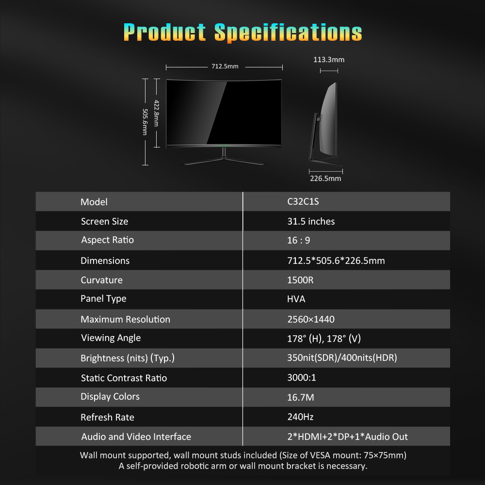 TITAN ARMY C32C1S 31.5 Inches Gaming Monitor, 2K Resolution, 240Hz Refresh Rate, 1500R Curvature, 1ms GTG Rapid Response