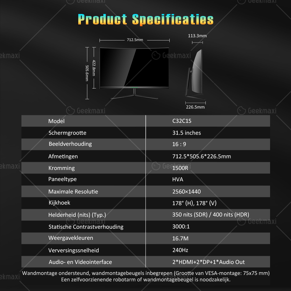 TITAN ARMY C32C1S 31,5-Inch Gaming Monitor, 2K Resolutie, 240Hz Verversingssnelheid, 1500R Kromming, 1ms GTG Snelle Reactie