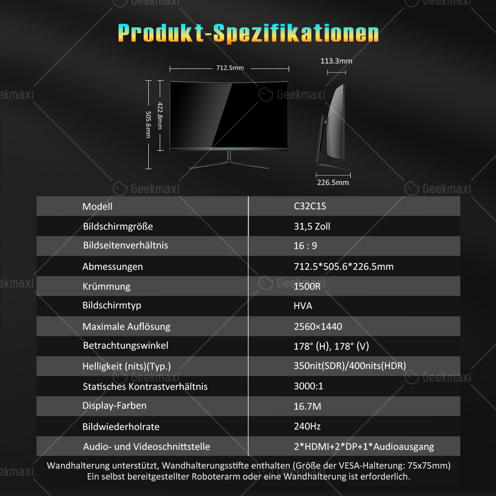 TITAN ARMY C32C1S 31,5 Zoll Gaming Monitor, 2K Auflösung, 240Hz Bildwiederholrate, 1500R Curved, 1ms GTG Rapid Response