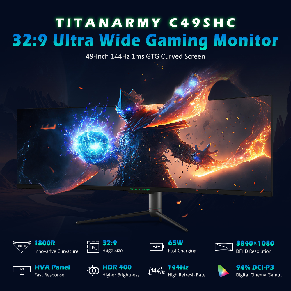 TITAN ARMY C49SHC 32:9 49-inch DFHD 3840×1080 Oversized Screen Gaming Monitor, CSOT HVA Panel, Curved 1500R