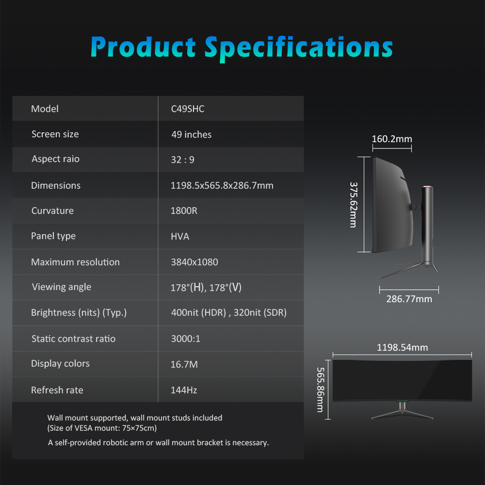 TITAN ARMY C49SHC 32:9 49-inch DFHD 3840×1080 Oversized Screen Gaming Monitor, CSOT HVA Panel, Curved 1500R